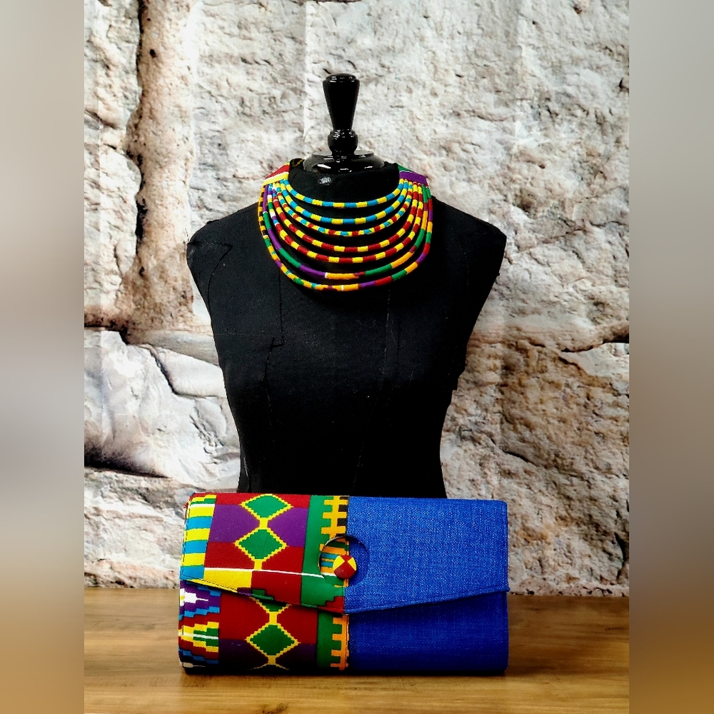 Bold Blue African Print Necklace and Clutch Set.